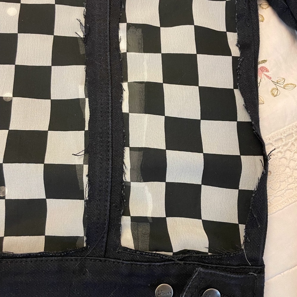 Black lightweight denim jacket, features black & white checkered design. - Picture 5 of 5